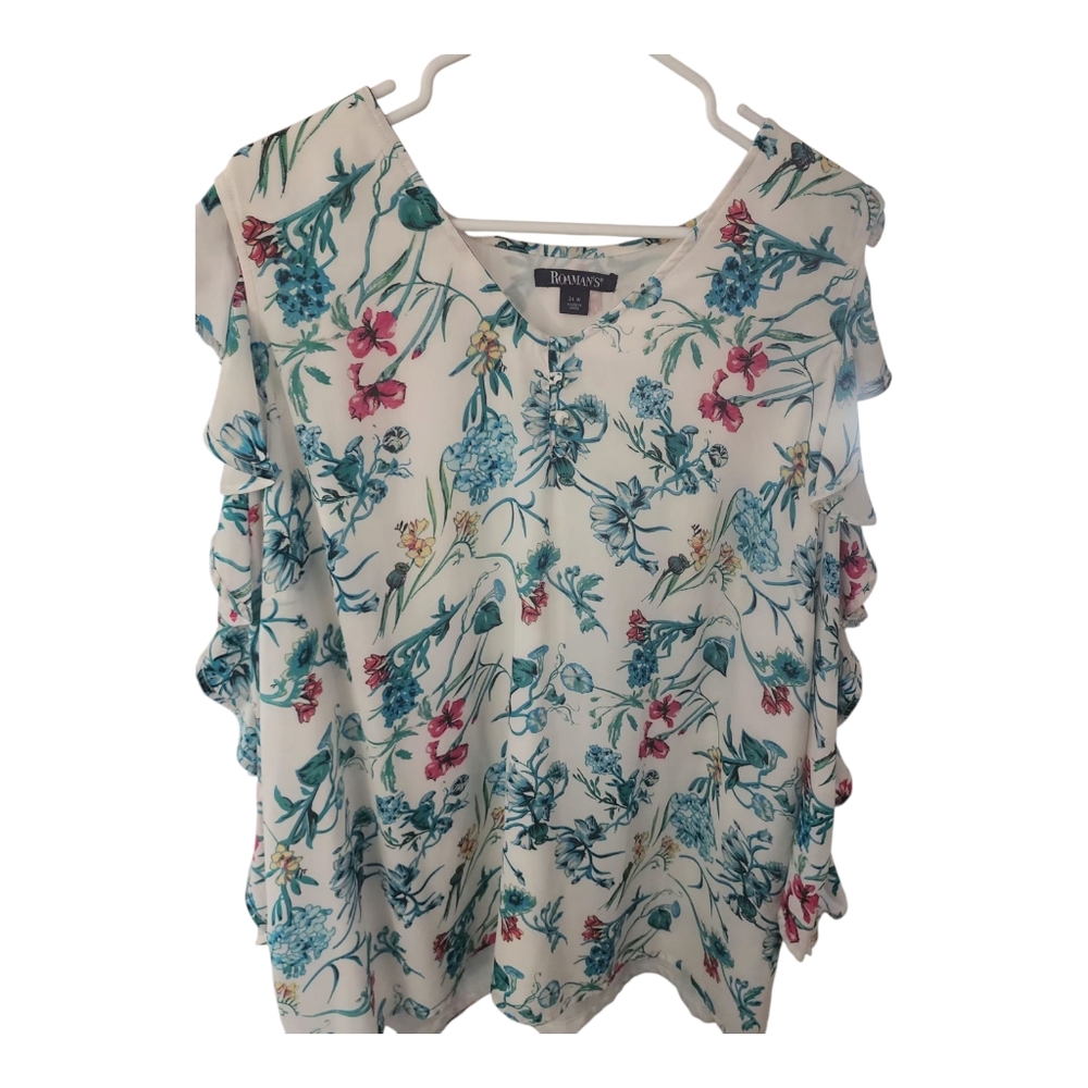 Roamans Sleeveless Lined Floral Print Women's Top With Ruffle Shoulders Size 24w